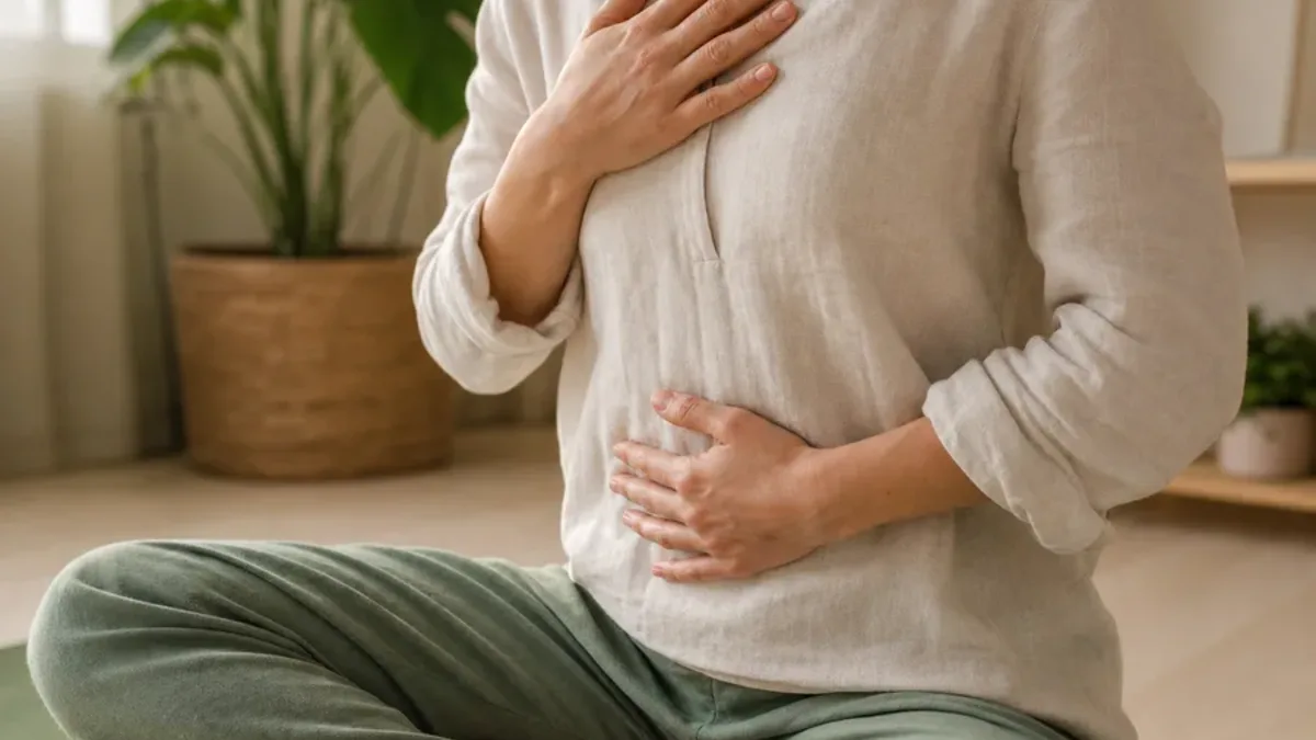 Mains posées sur le ventre et la poitrine pour une rubrique respiration et méditation