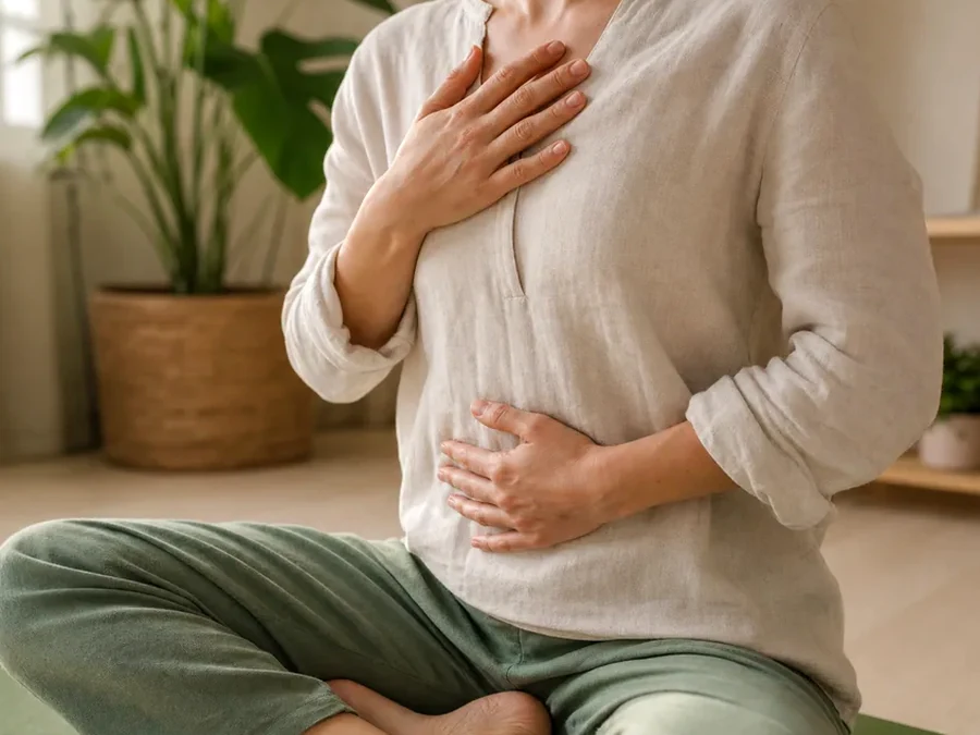 Mains posées sur la poitrine et le ventre pour observer une respiration lente
