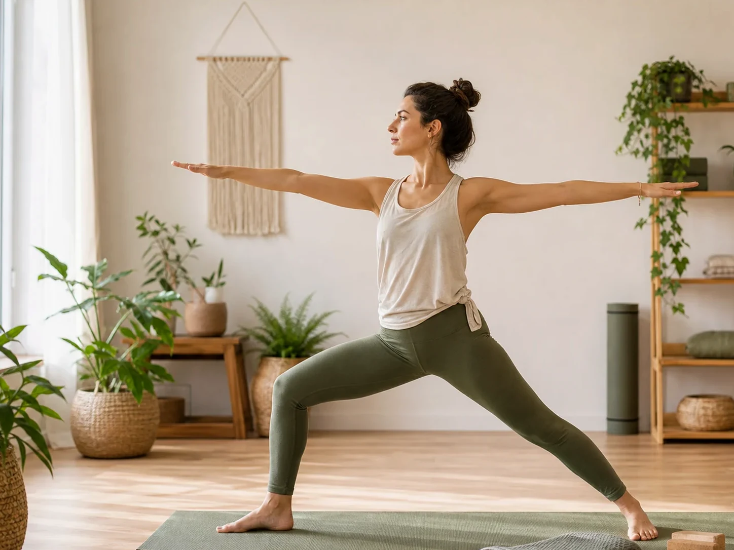Personne pratiquant une posture de yoga débutant dans une pièce lumineuse