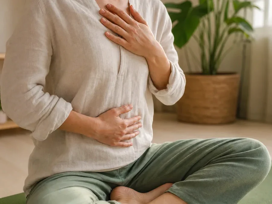Respiration calme pour relier yoga, attention et pratique intérieure.