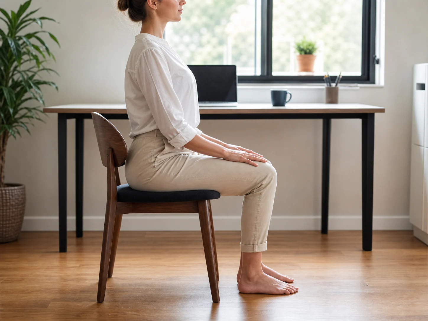 Personne assise sur une chaise stable avec les pieds bien posés au sol pour une pause au bureau