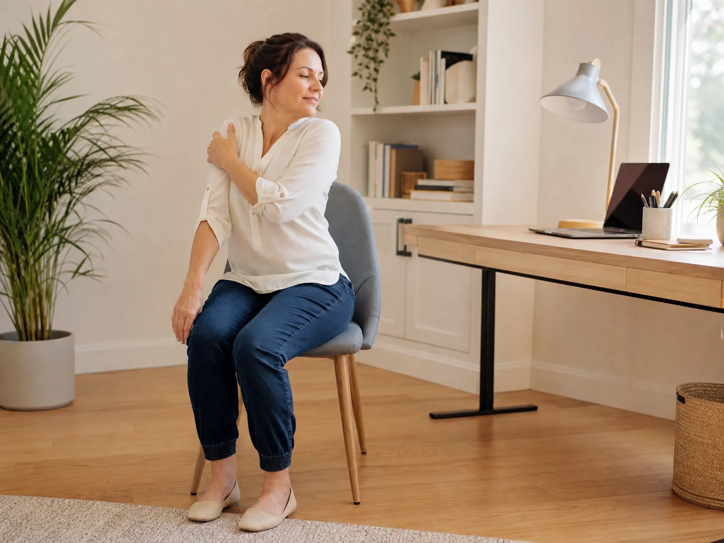 Mouvement doux des épaules sur une chaise dans un espace de travail calme