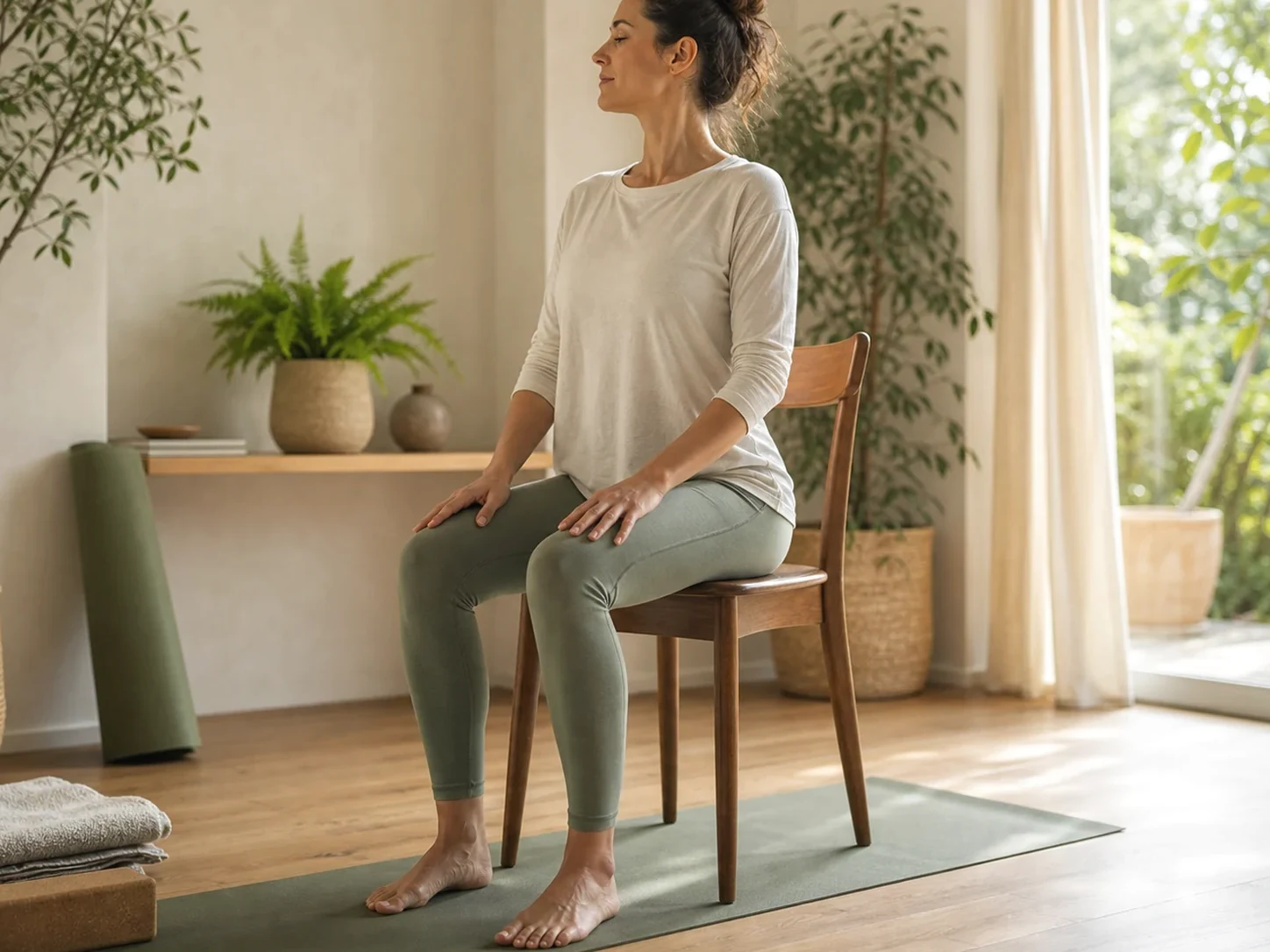 Personne pratiquant un mouvement doux de yoga assis sur une chaise stable