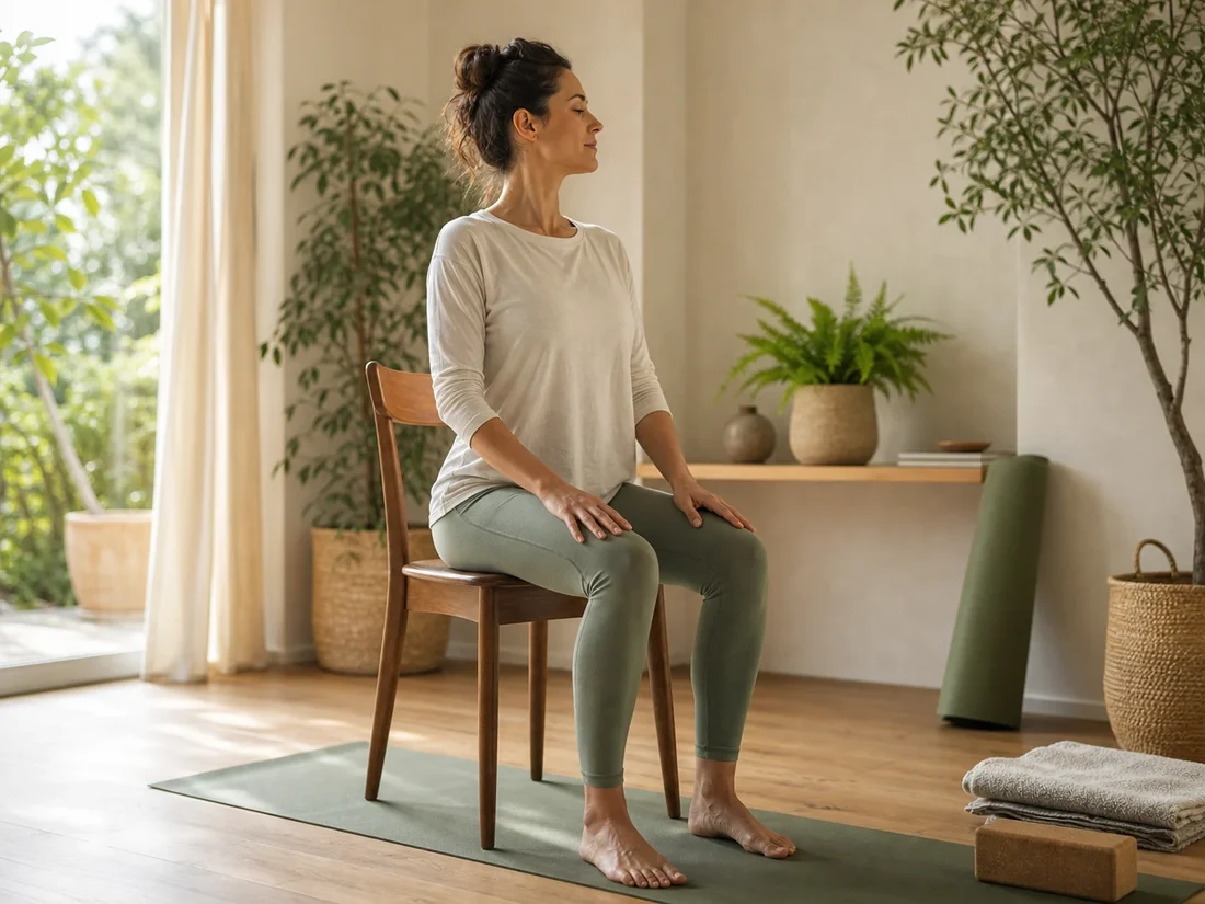 Personne assise sur une chaise stable pour pratiquer une respiration calme et un auto-grandissement doux.