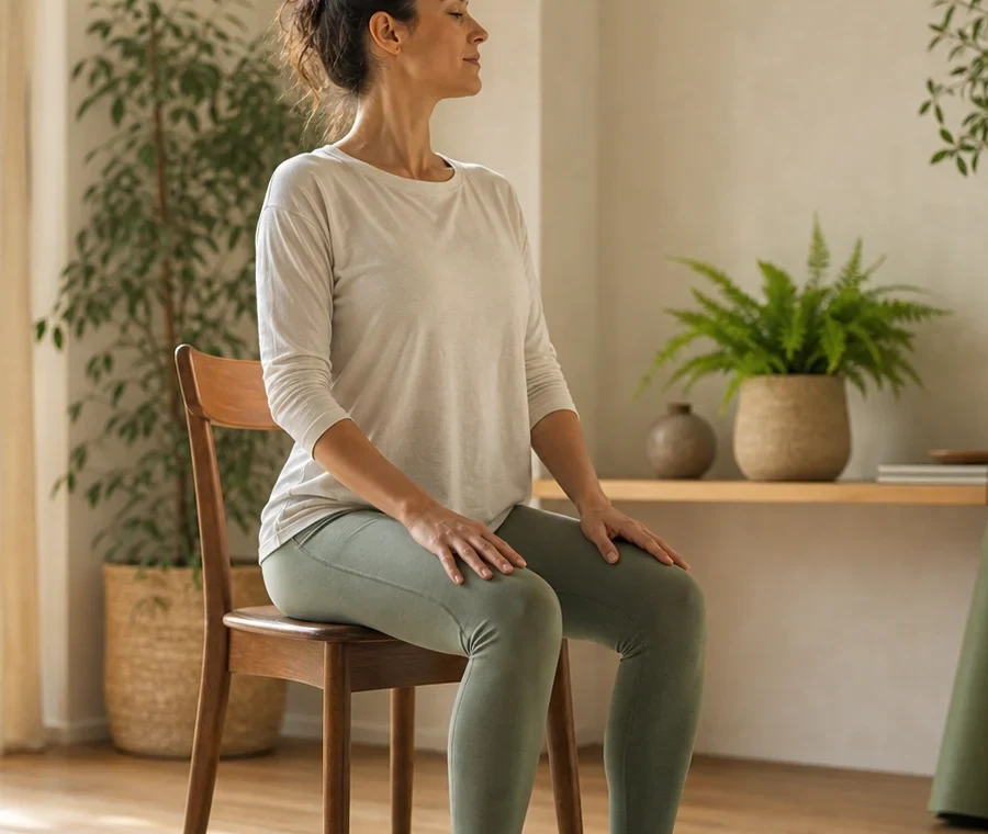 Posture assise sur chaise avec mains posées sur les cuisses pour garder le souffle calme et les appuis stables.