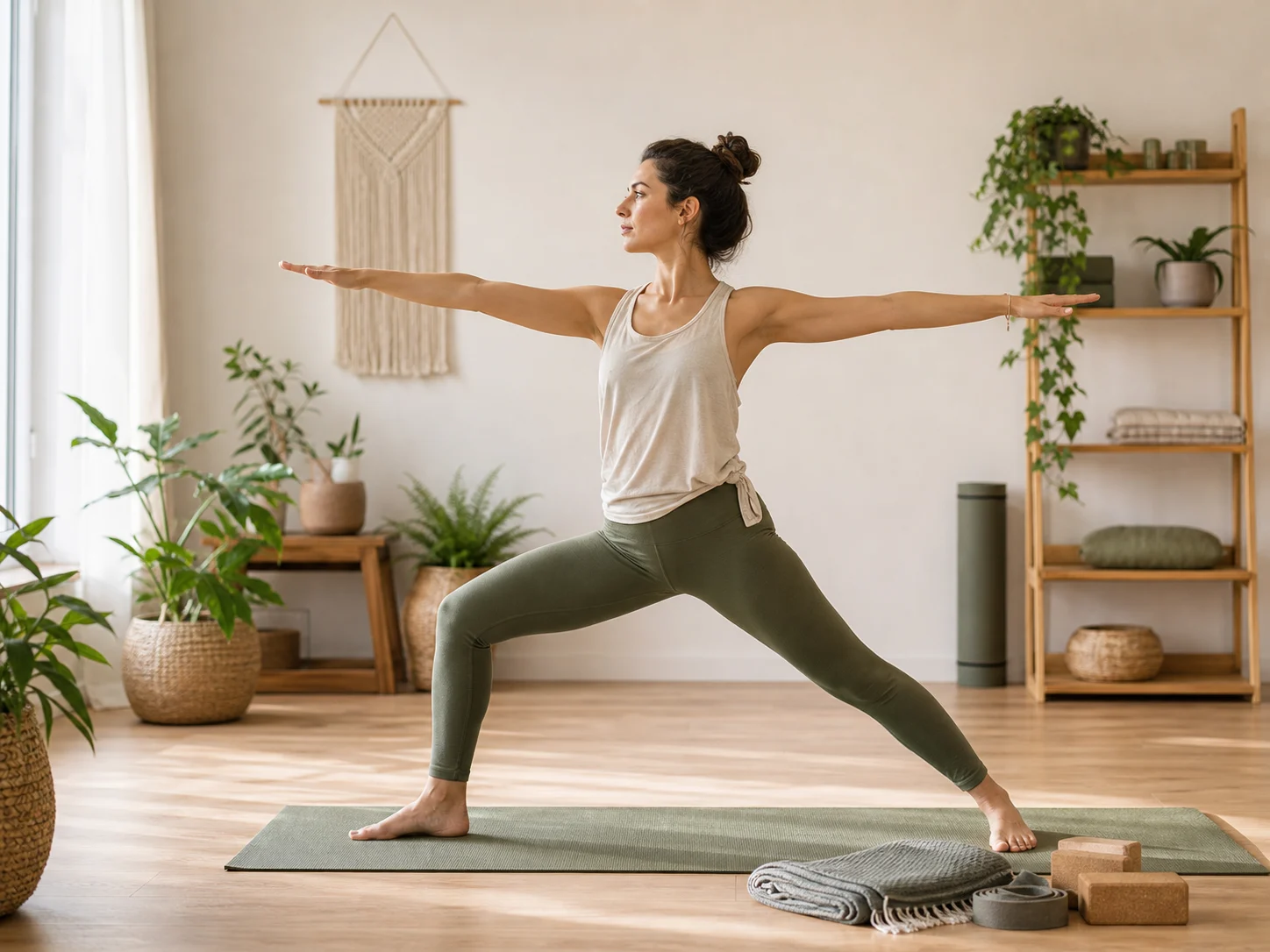 Posture de yoga accessible avec appuis pour renforcer le corps sans rechercher la performance.